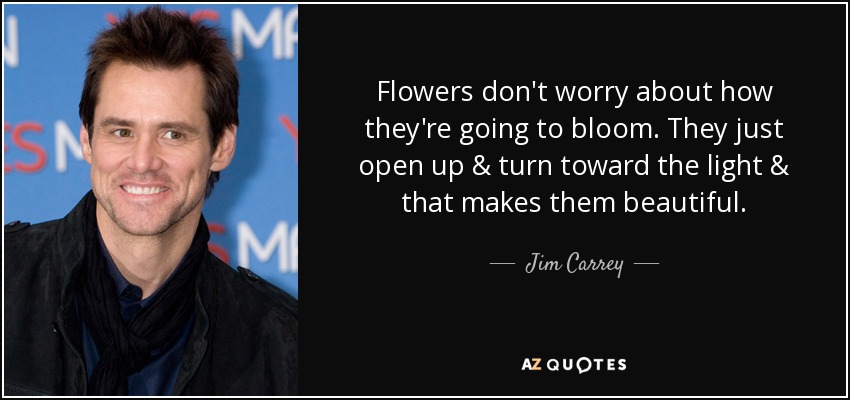 Flowers don't worry about how they're going to bloom. They just open up & turn toward the light & that makes them beautiful. - Jim Carrey