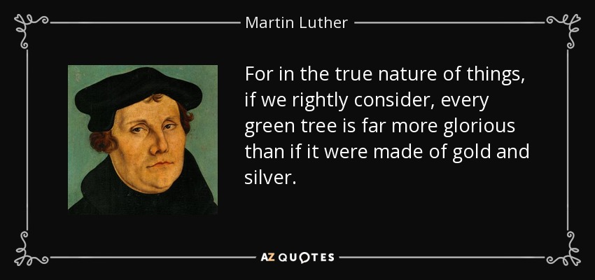 Porque en la verdadera naturaleza de las cosas, si lo consideramos correctamente, todo árbol verde es mucho más glorioso que si estuviera hecho de oro y plata. - Martin Luther