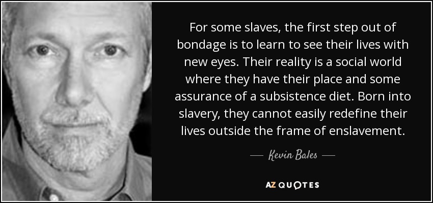For some slaves, the first step out of bondage is to learn to see their lives with new eyes. Their reality is a social world where they have their place and some assurance of a subsistence diet. Born into slavery, they cannot easily redefine their lives outside the frame of enslavement. - Kevin Bales