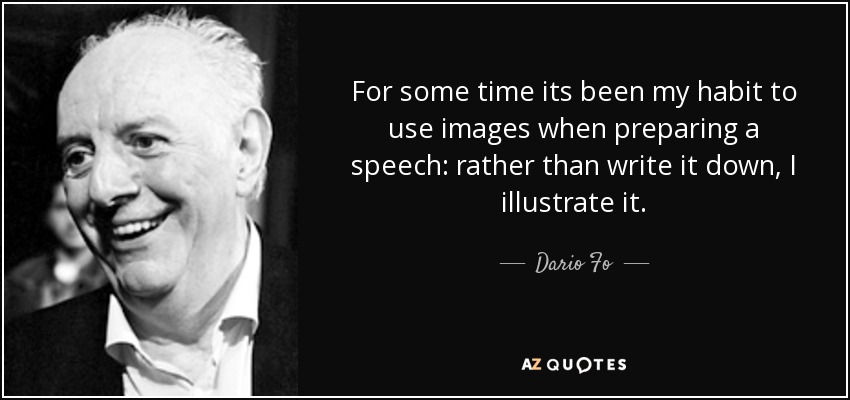 For some time its been my habit to use images when preparing a speech: rather than write it down, I illustrate it. - Dario Fo