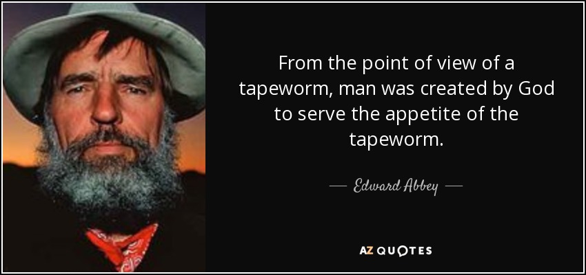 From the point of view of a tapeworm, man was created by God to serve the appetite of the tapeworm. - Edward Abbey