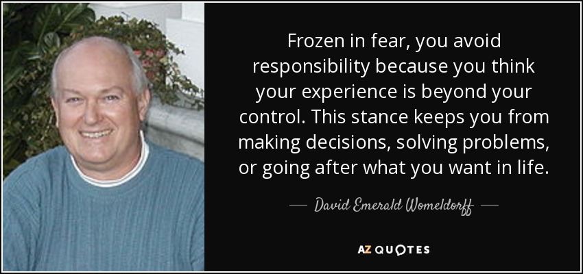 Frozen in fear, you avoid responsibility because you think your experience is beyond your control. This stance keeps you from making decisions, solving problems, or going after what you want in life. - David Emerald Womeldorff