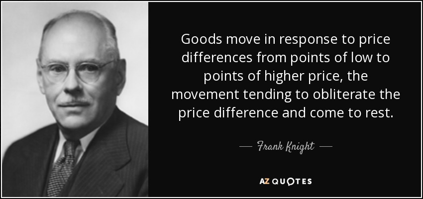 Goods move in response to price differences from points of low to points of higher price, the movement tending to obliterate the price difference and come to rest. - Frank Knight