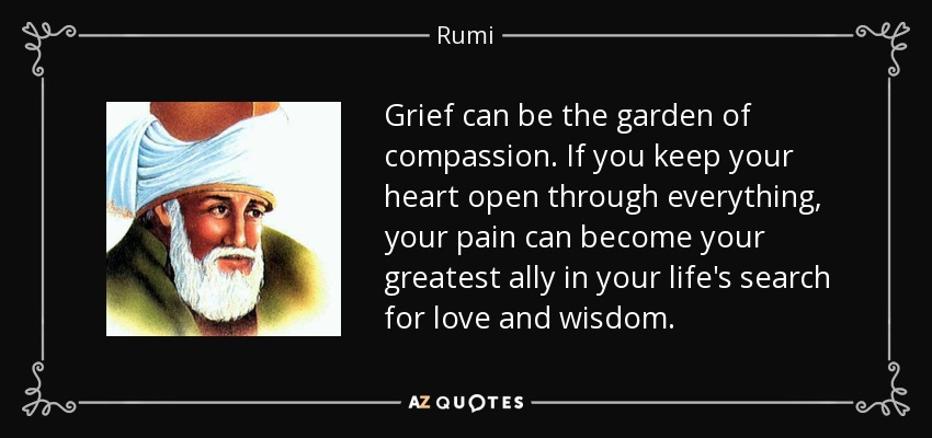 El dolor puede ser el jardín de la compasión. Si mantienes el corazón abierto a través de todo, tu dolor puede convertirse en tu mayor aliado en la búsqueda del amor y la sabiduría en tu vida. - Rumi