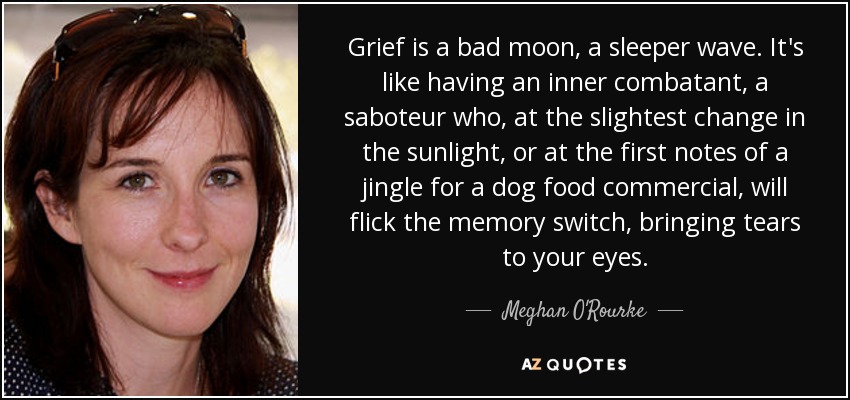 Grief is a bad moon, a sleeper wave. It's like having an inner combatant, a saboteur who, at the slightest change in the sunlight, or at the first notes of a jingle for a dog food commercial, will flick the memory switch, bringing tears to your eyes. - Meghan O'Rourke