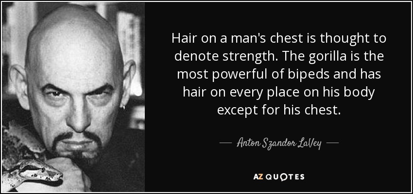 Hair on a man's chest is thought to denote strength. The gorilla is the most powerful of bipeds and has hair on every place on his body except for his chest. - Anton Szandor LaVey