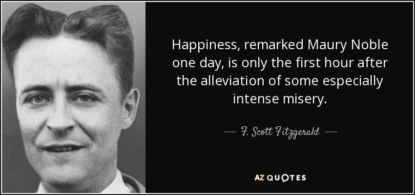 Happiness, remarked Maury Noble one day, is only the first hour after the alleviation of some especially intense misery. - F. Scott Fitzgerald