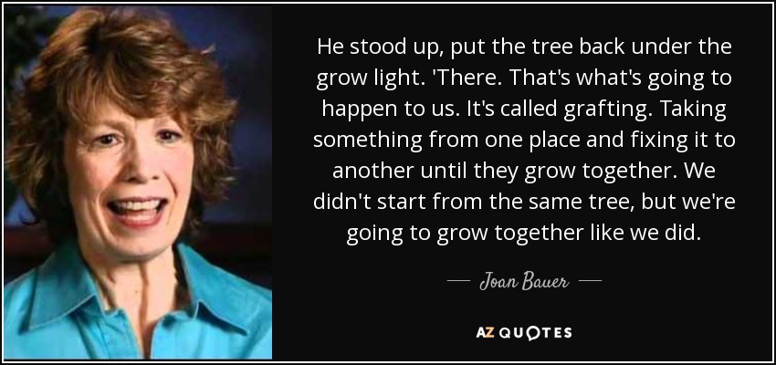 He stood up, put the tree back under the grow light. 'There. That's what's going to happen to us. It's called grafting. Taking something from one place and fixing it to another until they grow together. We didn't start from the same tree, but we're going to grow together like we did. - Joan Bauer