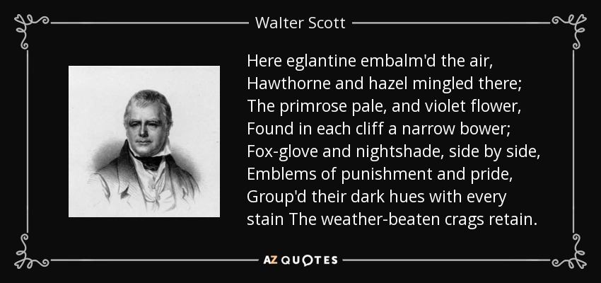 Here eglantine embalm'd the air, Hawthorne and hazel mingled there; The primrose pale, and violet flower, Found in each cliff a narrow bower; Fox-glove and nightshade, side by side, Emblems of punishment and pride, Group'd their dark hues with every stain The weather-beaten crags retain. - Walter Scott