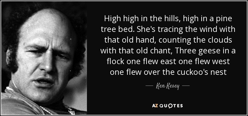 High high in the hills , high in a pine tree bed. She's tracing the wind with that old hand, counting the clouds with that old chant, Three geese in a flock one flew east one flew west one flew over the cuckoo's nest - Ken Kesey