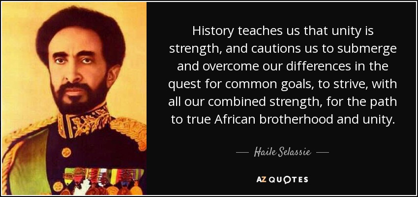 History teaches us that unity is strength, and cautions us to submerge and overcome our differences in the quest for common goals, to strive, with all our combined strength, for the path to true African brotherhood and unity. - Haile Selassie