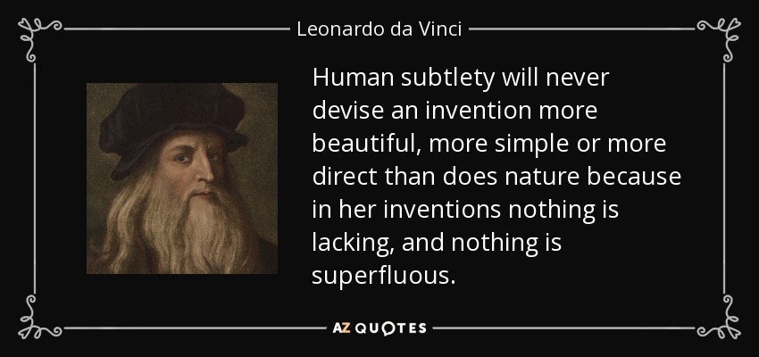 La sutileza humana nunca concebirá una invención más bella, más sencilla o más directa que la naturaleza, porque en sus invenciones nada falta y nada sobra. - Leonardo da Vinci