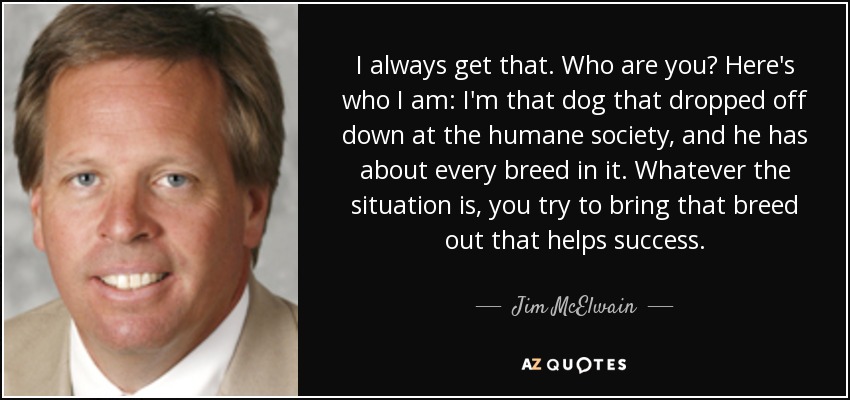 I always get that. Who are you? Here's who I am: I'm that dog that dropped off down at the humane society, and he has about every breed in it. Whatever the situation is, you try to bring that breed out that helps success. - Jim McElwain