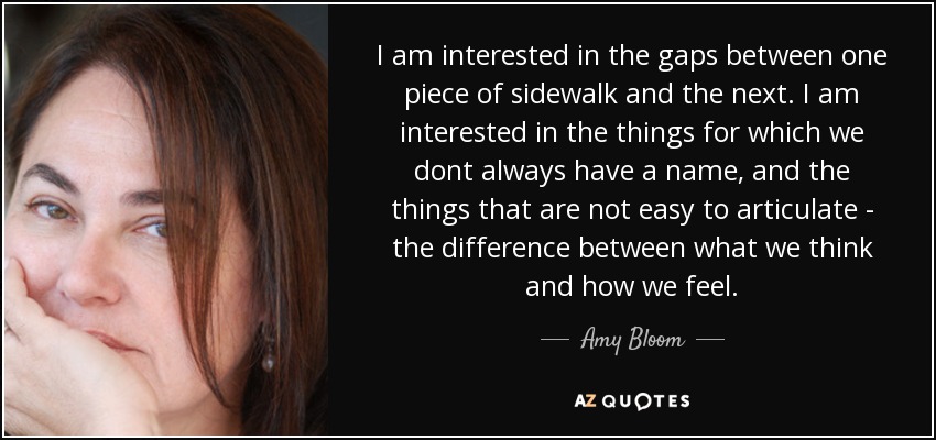 I am interested in the gaps between one piece of sidewalk and the next. I am interested in the things for which we dont always have a name, and the things that are not easy to articulate - the difference between what we think and how we feel. - Amy Bloom