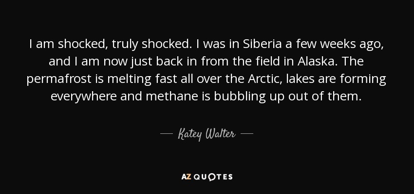 I am shocked, truly shocked. I was in Siberia a few weeks ago, and I am now just back in from the field in Alaska. The permafrost is melting fast all over the Arctic, lakes are forming everywhere and methane is bubbling up out of them. - Katey Walter
