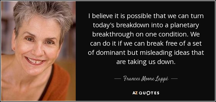 Creo que es posible convertir la crisis actual en un avance planetario con una condición. Podemos hacerlo si conseguimos liberarnos de un conjunto de ideas dominantes pero engañosas que nos están hundiendo. - Frances Moore Lappé