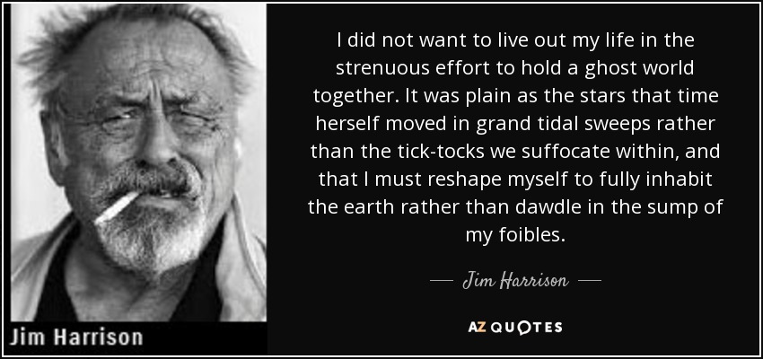 I did not want to live out my life in the strenuous effort to hold a ghost world together. It was plain as the stars that time herself moved in grand tidal sweeps rather than the tick-tocks we suffocate within, and that I must reshape myself to fully inhabit the earth rather than dawdle in the sump of my foibles. - Jim Harrison