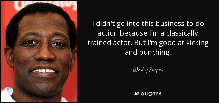 I didn't go into this business to do action because I'm a classically trained actor. But I'm good at kicking and punching. - Wesley Snipes