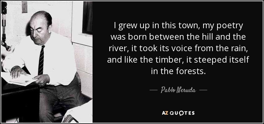 Crecí en esta ciudad, mi poesía nació entre la colina y el río, tomó su voz de la lluvia, y como la madera, se empapó de los bosques. - Pablo Neruda