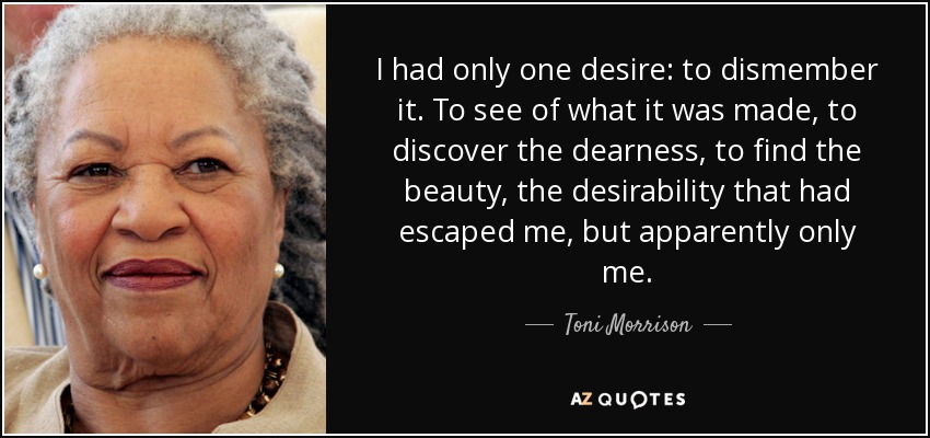 I had only one desire: to dismember it. To see of what it was made, to discover the dearness, to find the beauty, the desirability that had escaped me, but apparently only me. - Toni Morrison