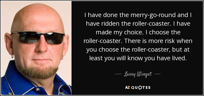 Me he subido al tiovivo y a la montaña rusa. He hecho mi elección. Elijo la montaña rusa. Hay más riesgo cuando eliges la montaña rusa, pero al menos sabrás que has vivido. - Larry Winget