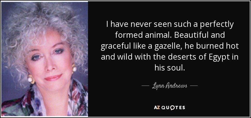 Nunca había visto un animal tan perfectamente formado. Hermoso y grácil como una gacela, ardía ardiente y salvaje con los desiertos de Egipto en el alma. - Lynn Andrews