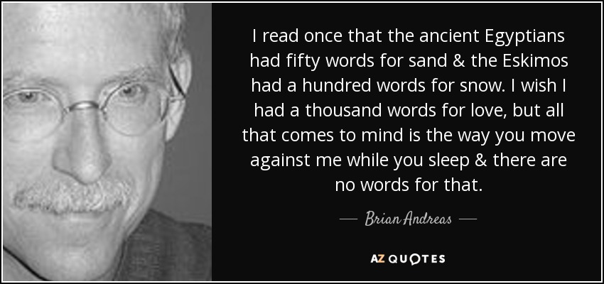 I read once that the ancient Egyptians had fifty words for sand & the Eskimos had a hundred words for snow. I wish I had a thousand words for love, but all that comes to mind is the way you move against me while you sleep & there are no words for that. - Brian Andreas