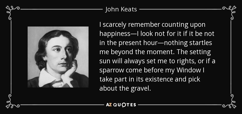 I scarcely remember counting upon happiness—I look not for it if it be not in the present hour—nothing startles me beyond the moment. The setting sun will always set me to rights, or if a sparrow come before my Window I take part in its existence and pick about the gravel. - John Keats