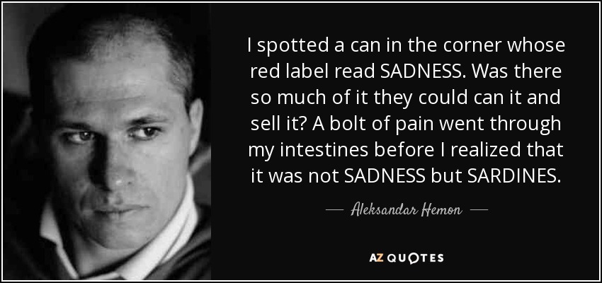 I spotted a can in the corner whose red label read SADNESS. Was there so much of it they could can it and sell it? A bolt of pain went through my intestines before I realized that it was not SADNESS but SARDINES. - Aleksandar Hemon