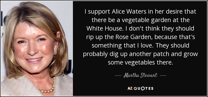 I support Alice Waters in her desire that there be a vegetable garden at the White House. I don't think they should rip up the Rose Garden, because that's something that I love. They should probably dig up another patch and grow some vegetables there. - Martha Stewart