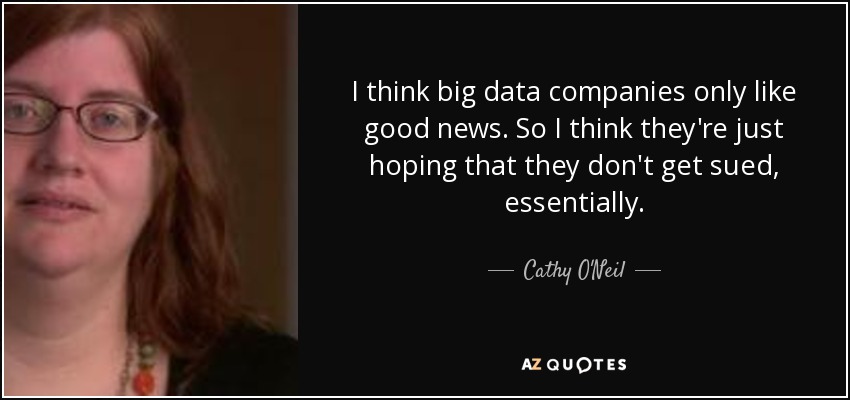 I think big data companies only like good news. So I think they're just hoping that they don't get sued, essentially. - Cathy O'Neil