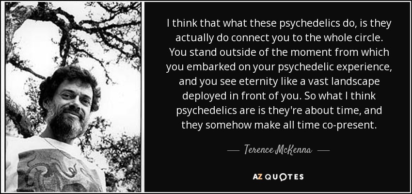 I think that what these psychedelics do, is they actually do connect you to the whole circle. You stand outside of the moment from which you embarked on your psychedelic experience, and you see eternity like a vast landscape deployed in front of you. So what I think psychedelics are is they're about time, and they somehow make all time co-present. - Terence McKenna