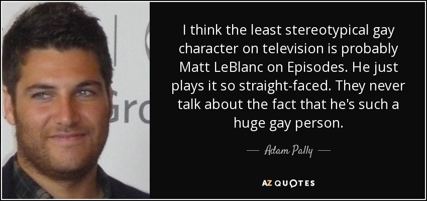 I think the least stereotypical gay character on television is probably Matt LeBlanc on Episodes. He just plays it so straight-faced. They never talk about the fact that he's such a huge gay person. - Adam Pally