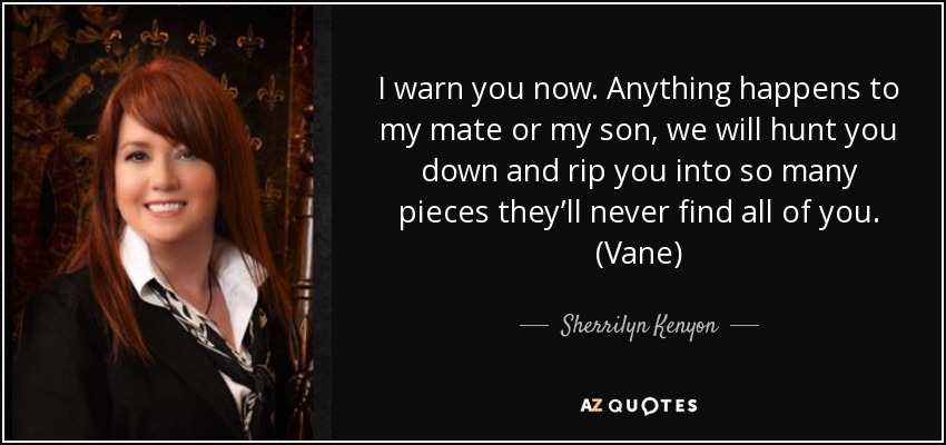 I warn you now. Anything happens to my mate or my son, we will hunt you down and rip you into so many pieces they’ll never find all of you. (Vane) - Sherrilyn Kenyon