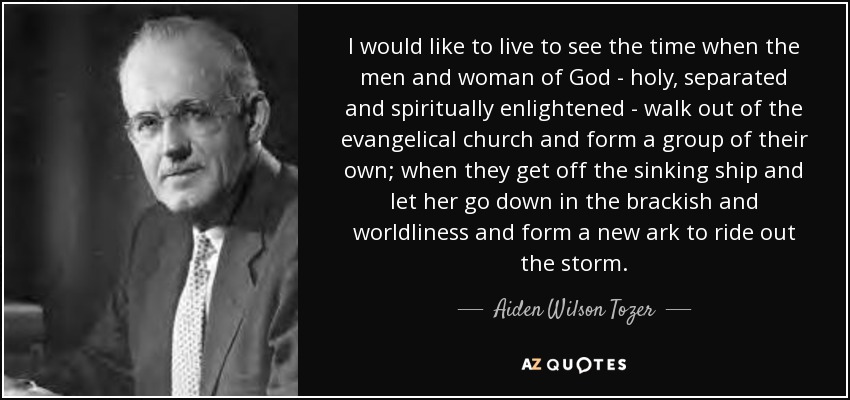 Me gustaría vivir para ver el momento en que los hombres y mujeres de Dios -santos, separados y espiritualmente iluminados- salgan de la iglesia evangélica y formen un grupo propio; cuando se bajen del barco que se hunde y dejan que se hunda en las aguas salobres y mundanas y formen una nueva arca para capear el temporal. - Aiden Wilson Tozer