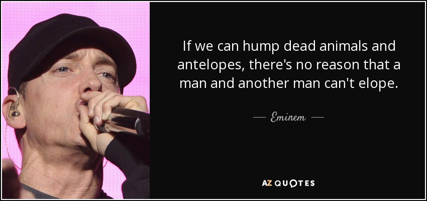 Si podemos follar con animales muertos y antílopes, no hay razón para que un hombre y otro hombre no puedan fugarse. - Eminem