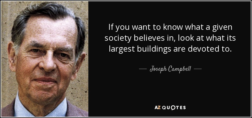 If you want to know what a given society believes in, look at what its largest buildings are devoted to. - Joseph Campbell