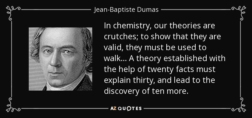 In chemistry, our theories are crutches; to show that they are valid, they must be used to walk... A theory established with the help of twenty facts must explain thirty, and lead to the discovery of ten more. - Jean-Baptiste Dumas