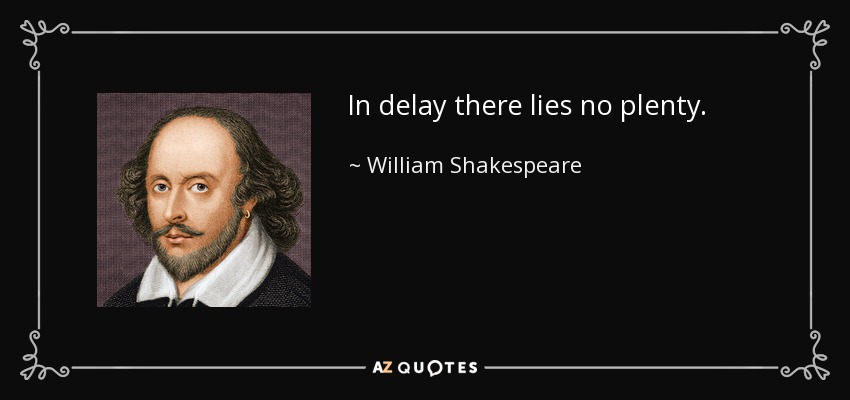 In delay there lies no plenty. - William Shakespeare