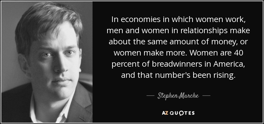 In economies in which women work, men and women in relationships make about the same amount of money, or women make more. Women are 40 percent of breadwinners in America, and that number's been rising. - Stephen Marche