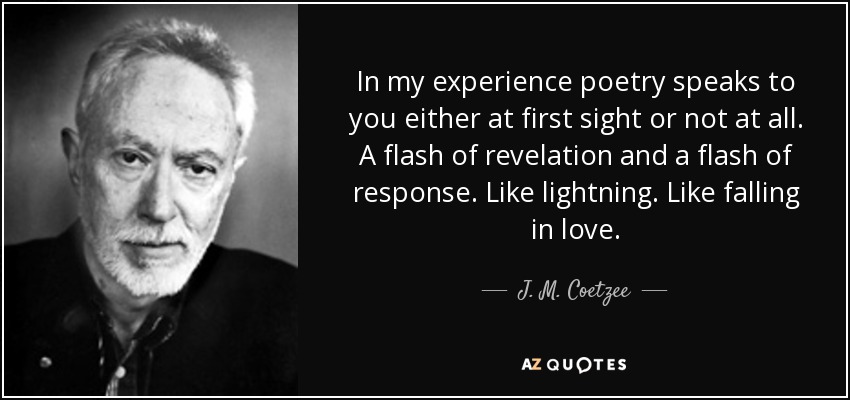 In my experience poetry speaks to you either at first sight or not at all. A flash of revelation and a flash of response. Like lightning. Like falling in love. - J. M. Coetzee