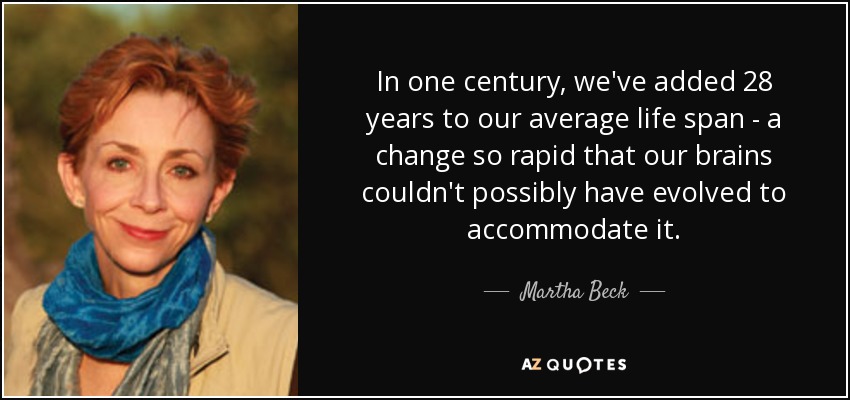 In one century, we've added 28 years to our average life span - a change so rapid that our brains couldn't possibly have evolved to accommodate it. - Martha Beck