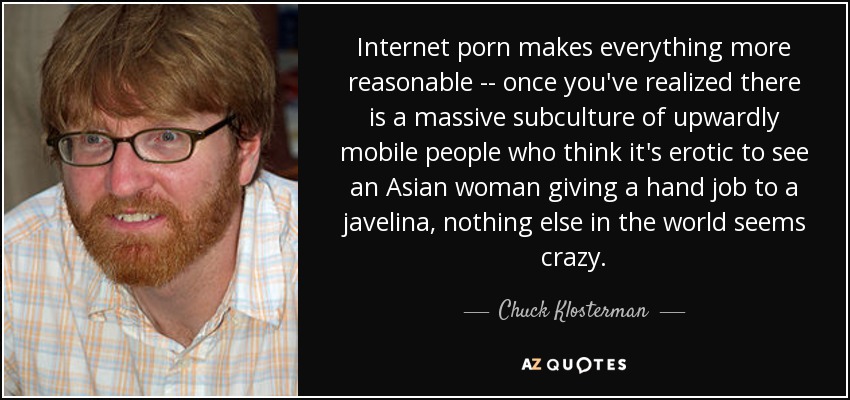 Internet porn makes everything more reasonable -- once you've realized there is a massive subculture of upwardly mobile people who think it's erotic to see an Asian woman giving a hand job to a javelina, nothing else in the world seems crazy. - Chuck Klosterman