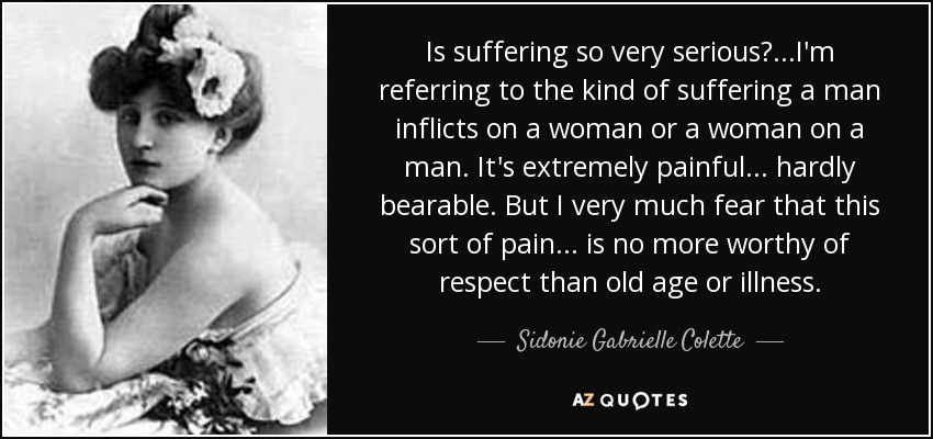 Is suffering so very serious? ...I'm referring to the kind of suffering a man inflicts on a woman or a woman on a man. It's extremely painful... hardly bearable. But I very much fear that this sort of pain... is no more worthy of respect than old age or illness. - Sidonie Gabrielle Colette