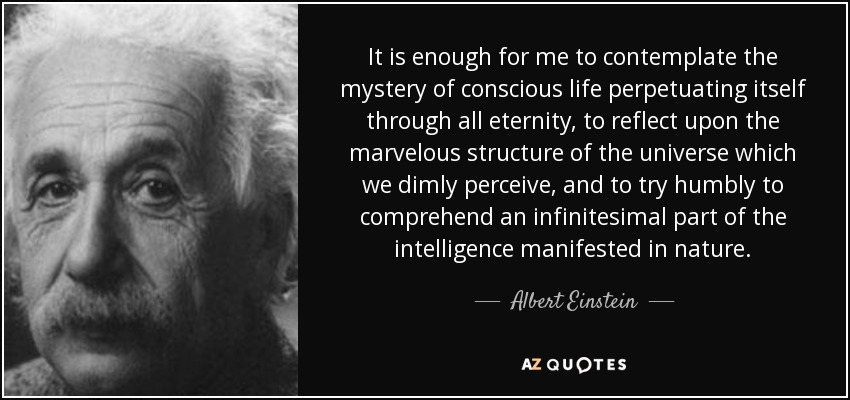 It is enough for me to contemplate the mystery of conscious life perpetuating itself through all eternity, to reflect upon the marvelous structure of the universe which we dimly perceive, and to try humbly to comprehend an infinitesimal part of the intelligence manifested in nature. - Albert Einstein