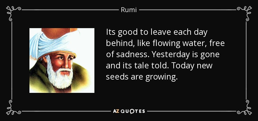 Es bueno dejar atrás cada día, como el agua que fluye, libre de tristeza. El ayer se ha ido y su historia ha sido contada. Hoy crecen nuevas semillas. - Rumi