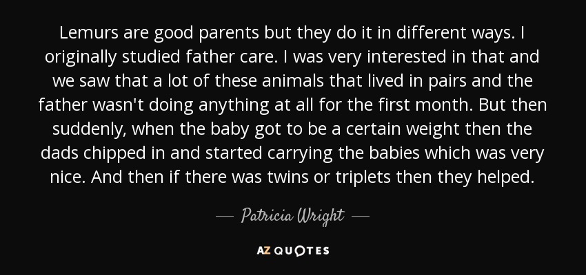 Lemurs are good parents but they do it in different ways. I originally studied father care. I was very interested in that and we saw that a lot of these animals that lived in pairs and the father wasn't doing anything at all for the first month. But then suddenly, when the baby got to be a certain weight then the dads chipped in and started carrying the babies which was very nice. And then if there was twins or triplets then they helped. - Patricia Wright