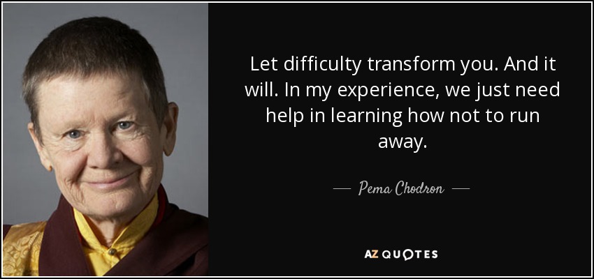 Let difficulty transform you. And it will. In my experience, we just need help in learning how not to run away. - Pema Chodron