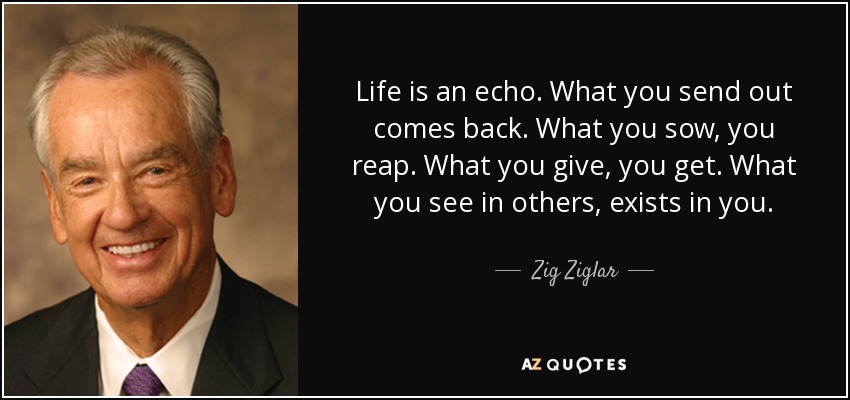 La vida es un eco. Lo que envías vuelve. Lo que siembras, cosechas. Lo que das, lo recibes. Lo que ves en los demás, existe en ti. - Zig Ziglar