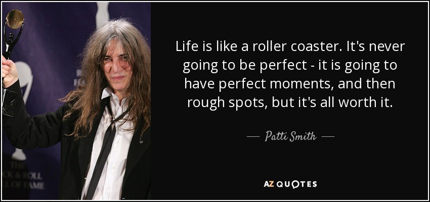 Life is like a roller coaster. It's never going to be perfect - it is going to have perfect moments, and then rough spots, but it's all worth it. - Patti Smith